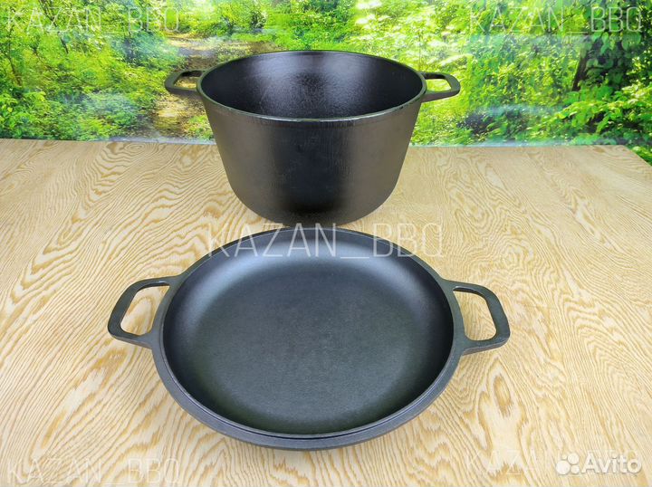 Казан кастрюля чугун с крышкой-сковородой