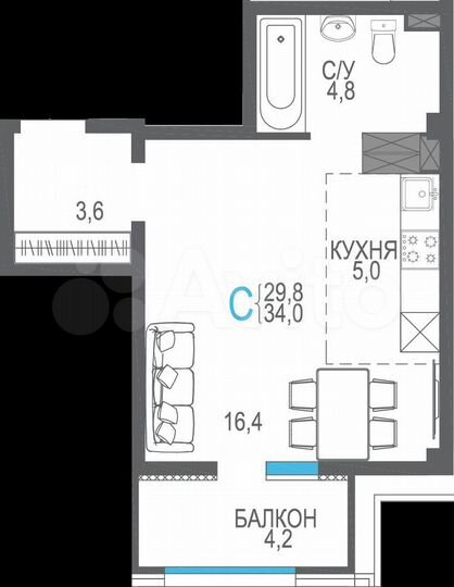 1-к. квартира, 34 м², 9/9 эт.