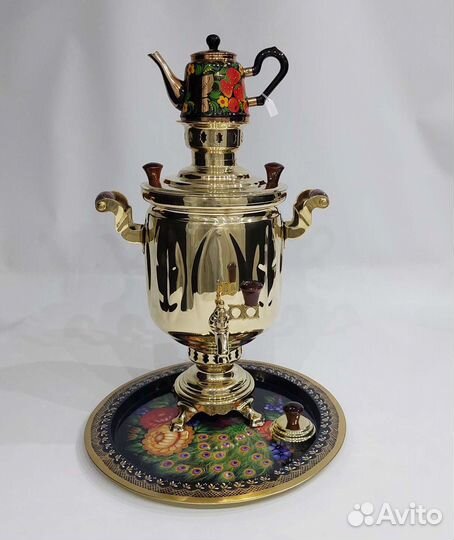 Тульский дровяной самовар с подносом и чайником