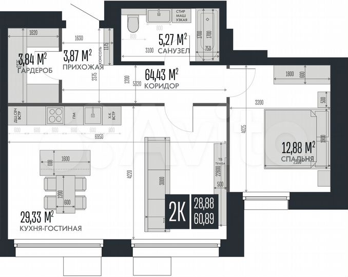 2-к. квартира, 60,9 м², 2/15 эт.