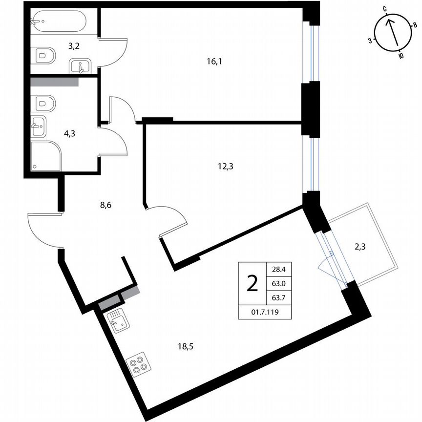 2-к. квартира, 63,7 м², 2/3 эт.