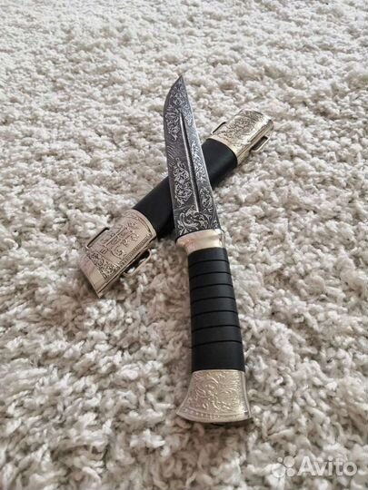 Нож пластунский с резьбой в мельхиоре