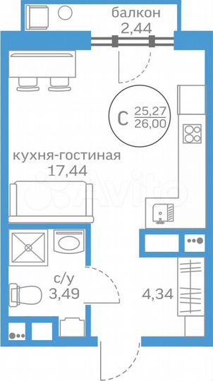 Квартира-студия, 25,3 м², 8/20 эт.