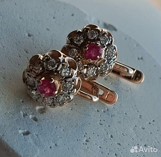 Золотые серьги Малинки бриллианты рубины