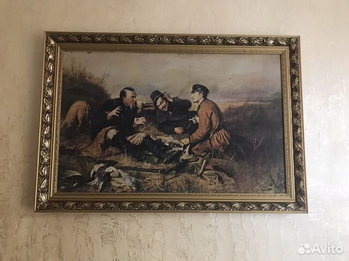 Картина три охотника на холсте, в багете