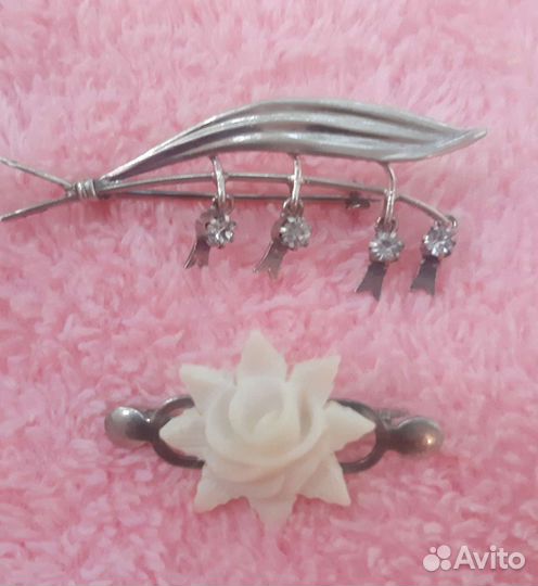 Серебряные броши, ландыш, роза