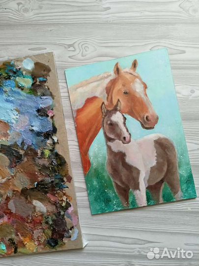 Картина с лошадью и жеребенком, масло, двп