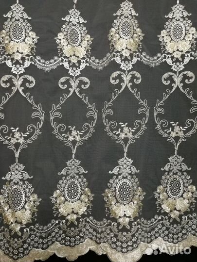 Тюль с вышивкой на сетке со стразами и бархатом