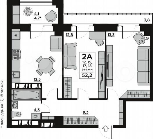 2-к. квартира, 56,6 м², 15/20 эт.