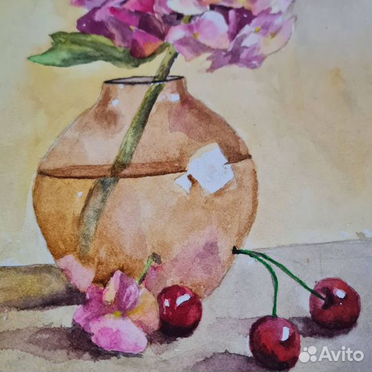 Картина, цветы в вазе и вишня, акварель