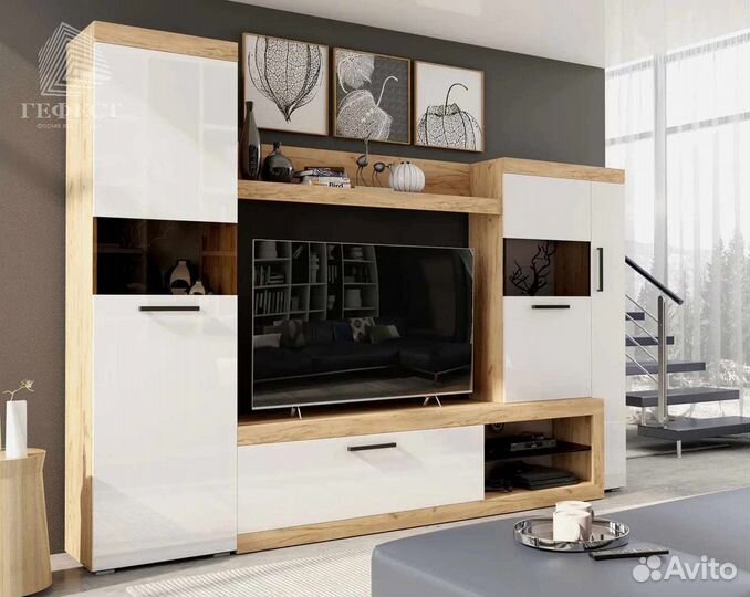 Гостиная бастон Дуб вотан-Белый глянец