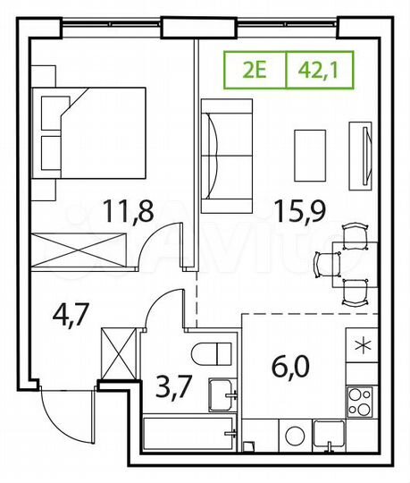 1-к. квартира, 42,1 м², 12/15 эт.