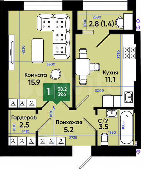 1-к. квартира, 40,2 м², 2/3 эт.