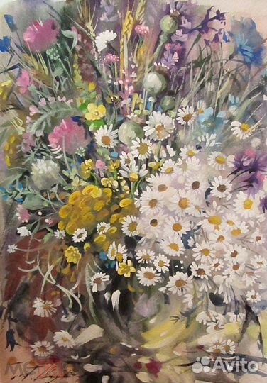 Акварели авторские А3 Пионы Маки Ромашки