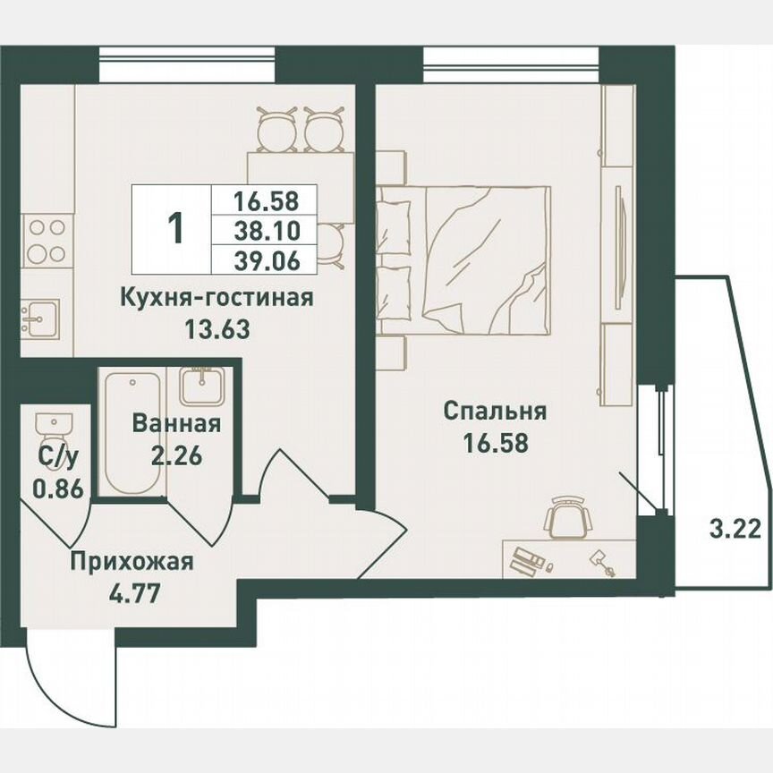 1-к. квартира, 39,1 м², 9/16 эт.
