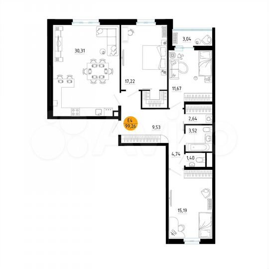 3-к. квартира, 99,3 м², 8/25 эт.