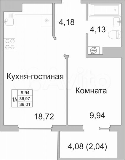 1-к. квартира, 39 м², 5/9 эт.