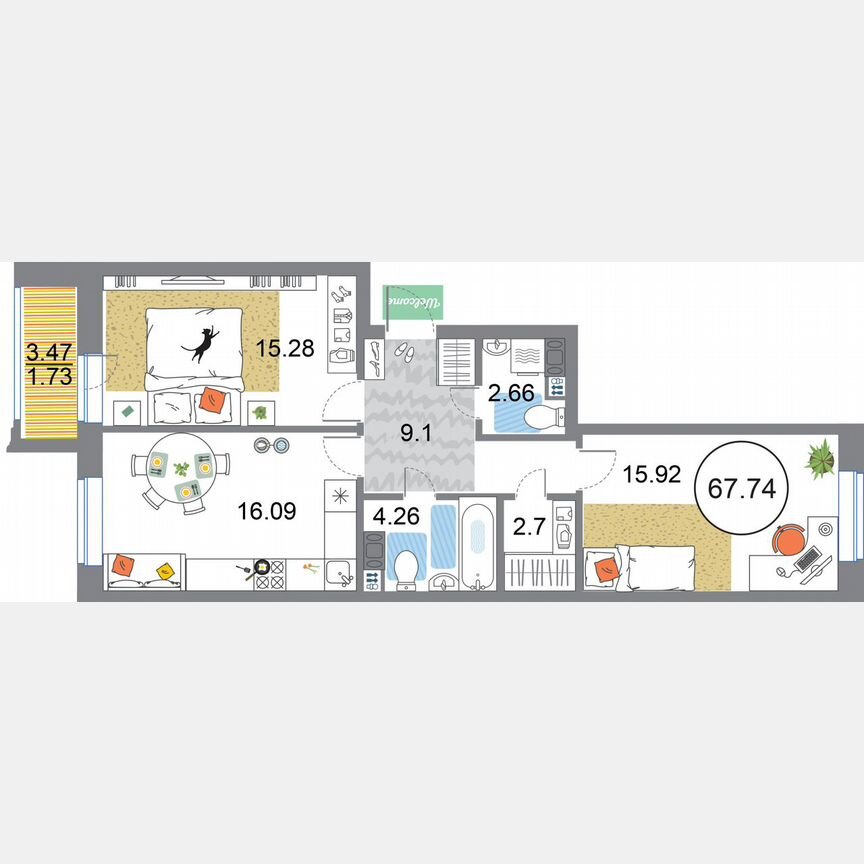 2-к. квартира, 67,7 м², 10/12 эт.