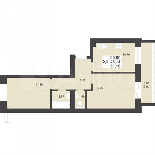 2-к. квартира, 51,2 м², 3/5 эт.
