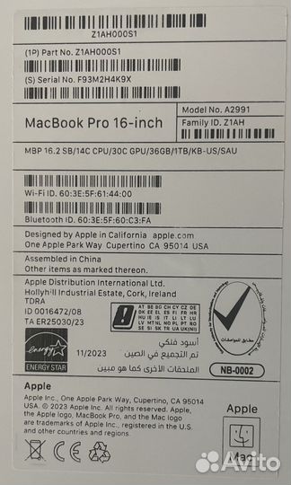 Macbook Pro 16 M3 Max озу 36Gb HDD 1TB