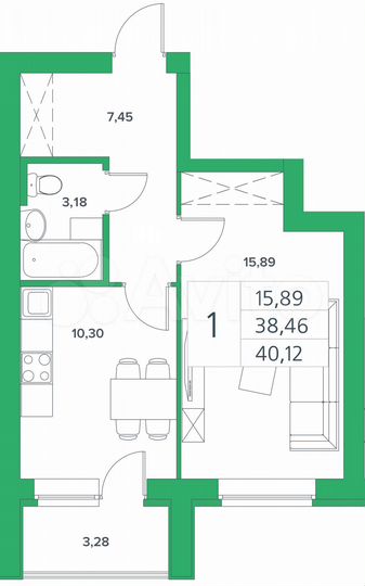 1-к. квартира, 38,5 м², 6/9 эт.