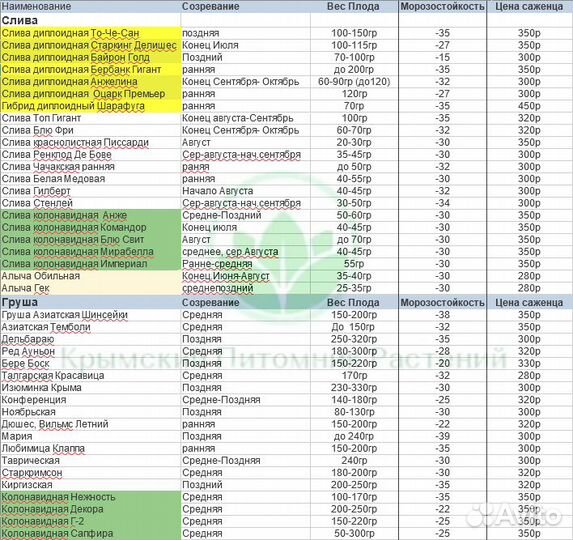 Саженцы плодовых и декоративных на осень 2023