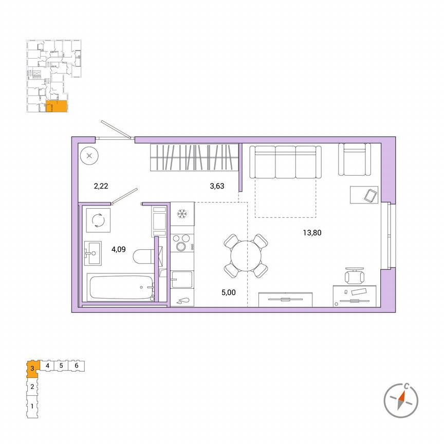 Квартира-студия, 28,7 м², 1/7 эт.