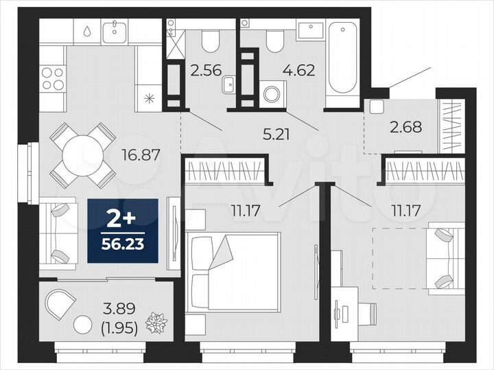 2-к. квартира, 56,2 м², 8/22 эт.