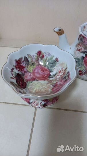 Набор: конфетницы, блюдечки, чайник Lefard роза