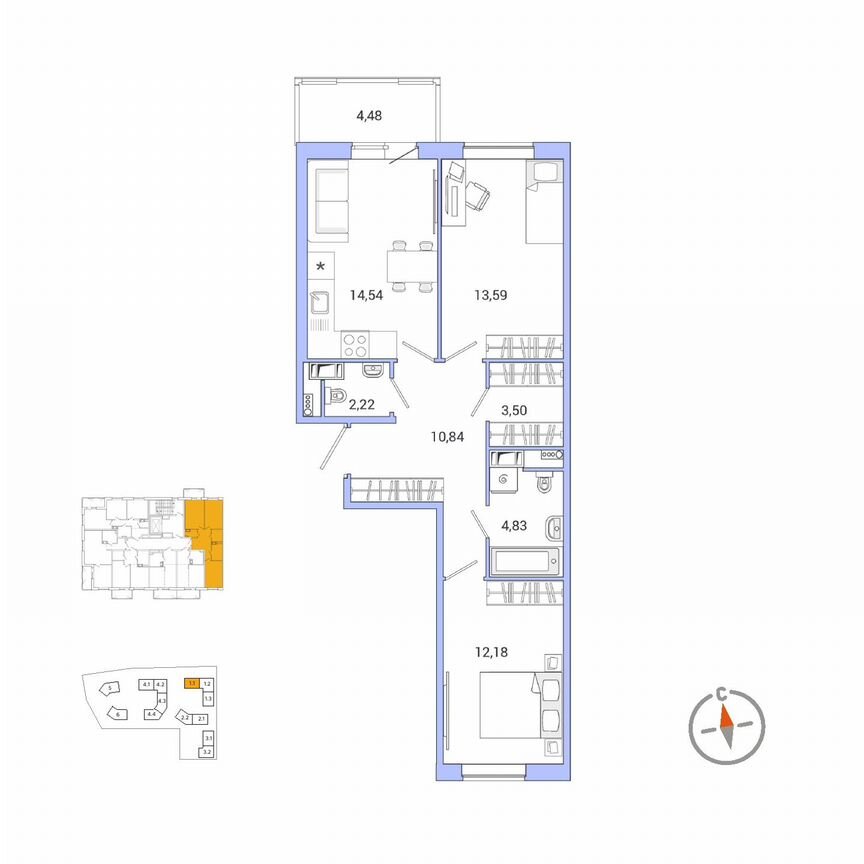 2-к. квартира, 63 м², 4/11 эт.