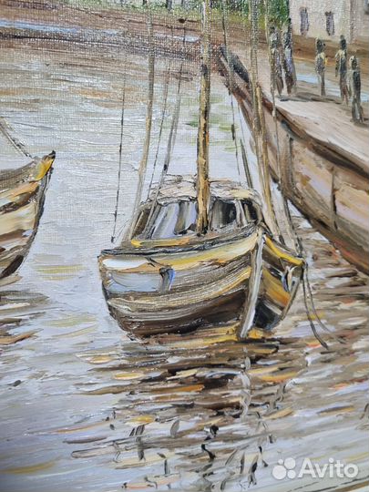 Картина маслом лодки пейзаж с лодками на холсте