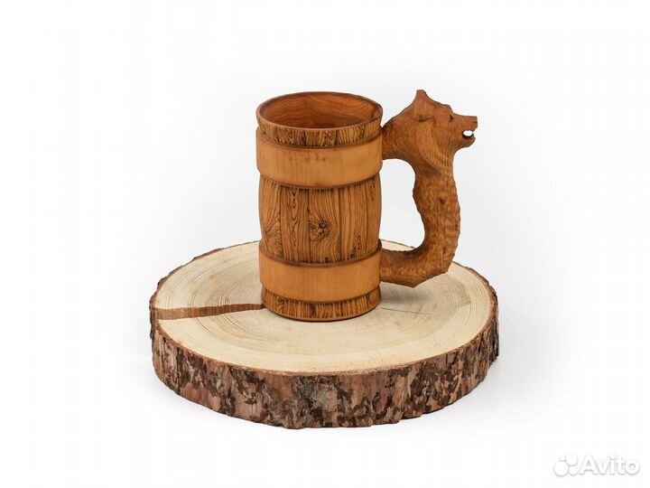 Кружка деревянная пивная с резной ручкой «Медведь»