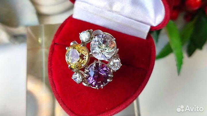 Кольцо хрусталь/цитрин/аметист 22ct 18р-р 925