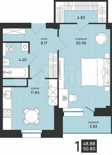 1-к. квартира, 50,8 м², 13/15 эт.