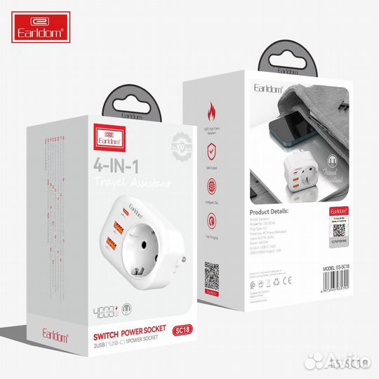 Сетевой фильтр Earldom 4в1, (2USB+1USB-C), 4000W