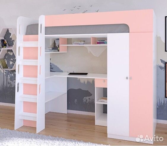 Кровать чердак со столом и шкафом Дуб Молочный/Гол