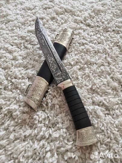 Нож пластунский с резьбой в мельхиоре