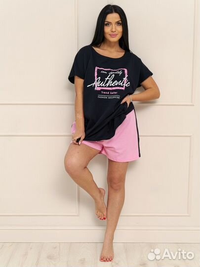 Костюм женский сине-розовый, с шортами, большого р