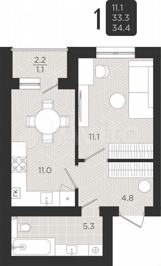 1-к. квартира, 33,3 м², 2/5 эт.