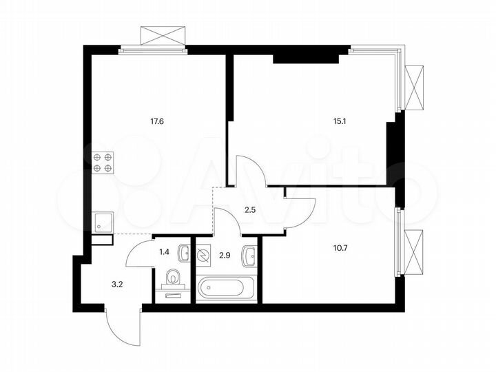 2-к. квартира, 53,4 м², 2/22 эт.