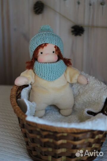 Текстильная кукла в пришивном комбинезоне