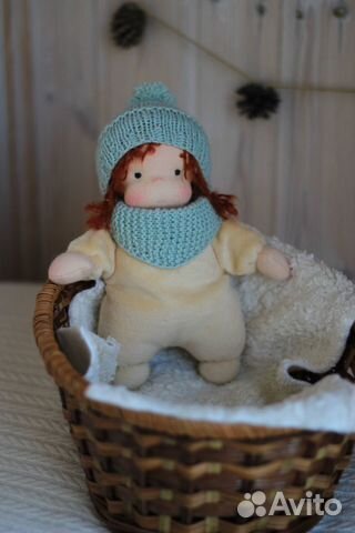 Текстильная кукла в пришивном комбинезоне