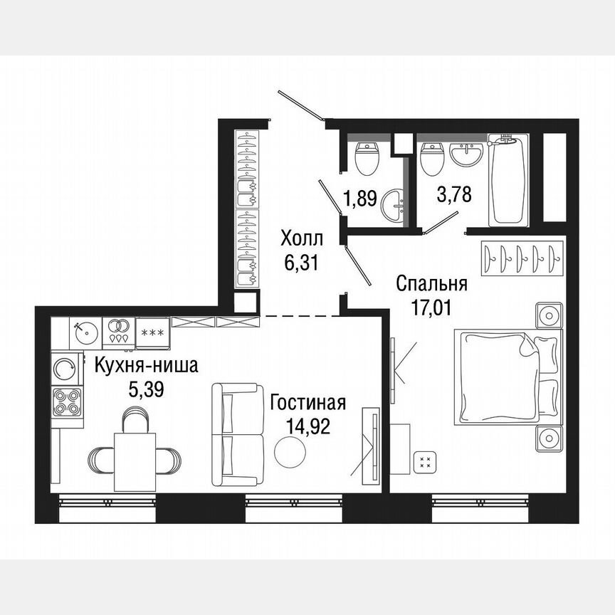 1-к. квартира, 49,7 м², 35/43 эт.