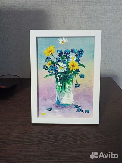 Картина маслом цветы букет, полевые цветы 15*21см