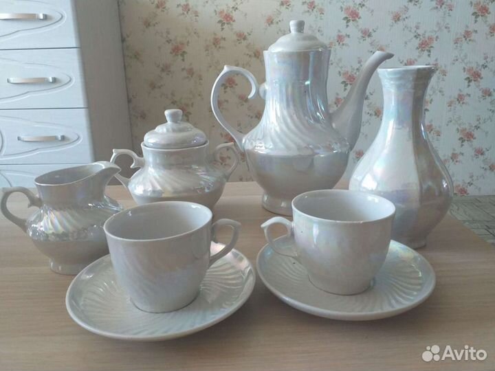Фарфор чайный сервиз гдр перламутровый, чайник, са