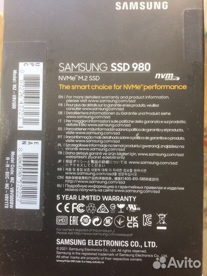 Ssd Samsung 980 500gb новый запечатанный