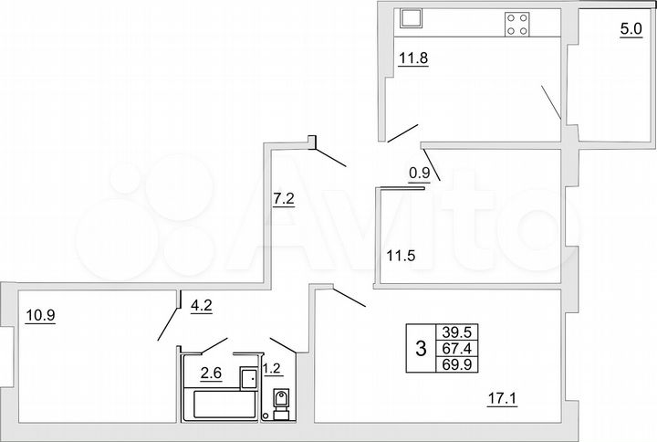 3-к. квартира, 69,9 м², 10/10 эт.