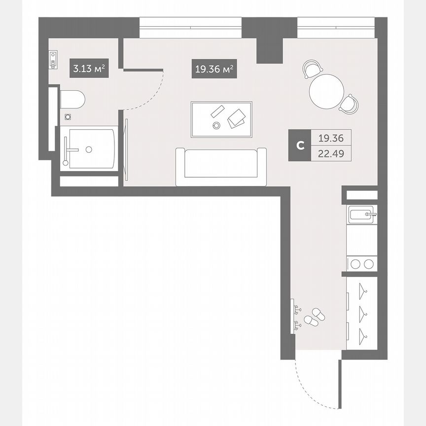 1-к. апартаменты, 22,5 м², 2/13 эт.