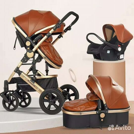 Новая коляска с автолюлькой (кожа+ткань) Wisesonle