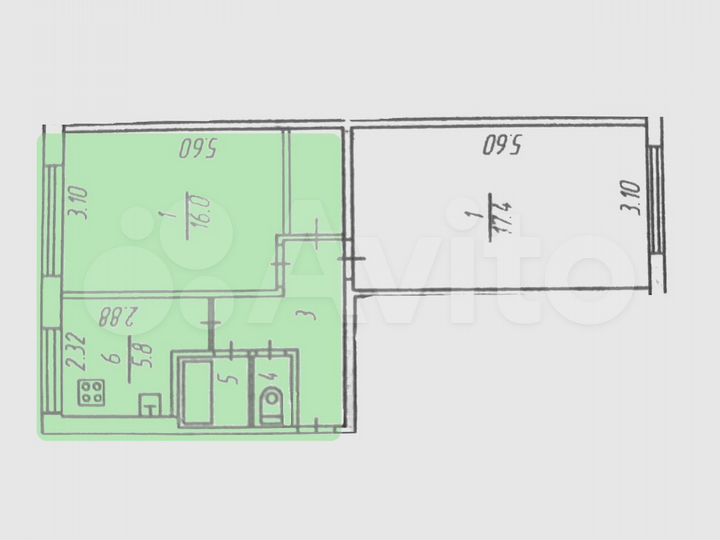 Доля в 2-к. квартире, 48 м², 2/5 эт.